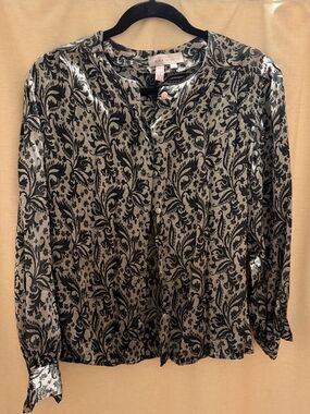 Vintage Laura Ashley Silver and Black Paisley Button-Front Top